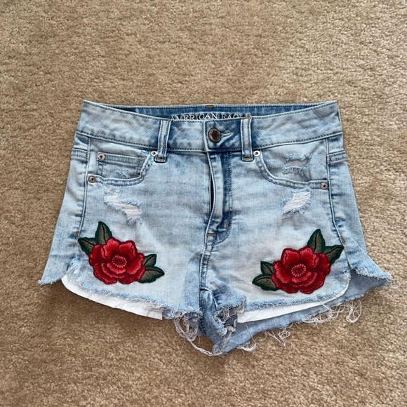 American Eagle Light Blue Jean Shorts with Red Floral Embroidery - Picture 1 of 5